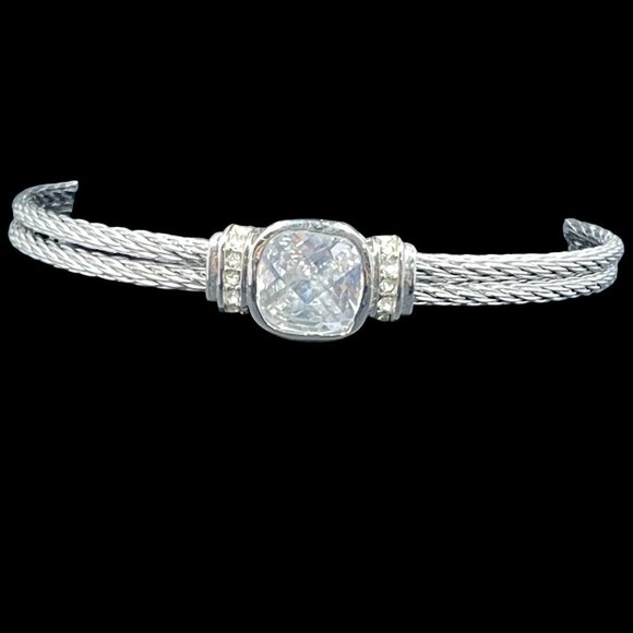 Silver Cable Cuff Bracelet Crystal Center Minimalist Elegant Timeless Preppy - Picture 2 of 6